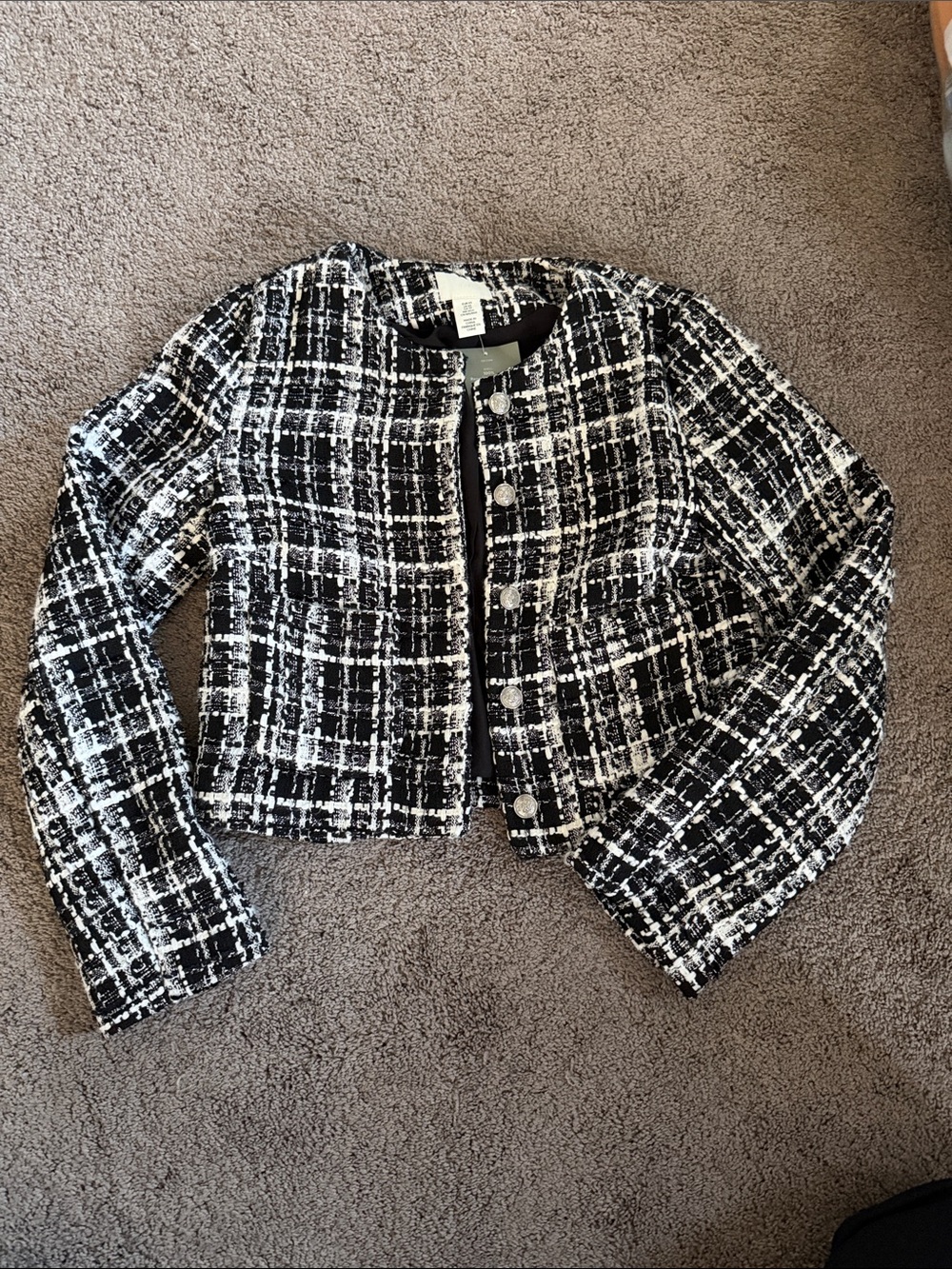 H&M Black and White Tweed Cropped Blazer